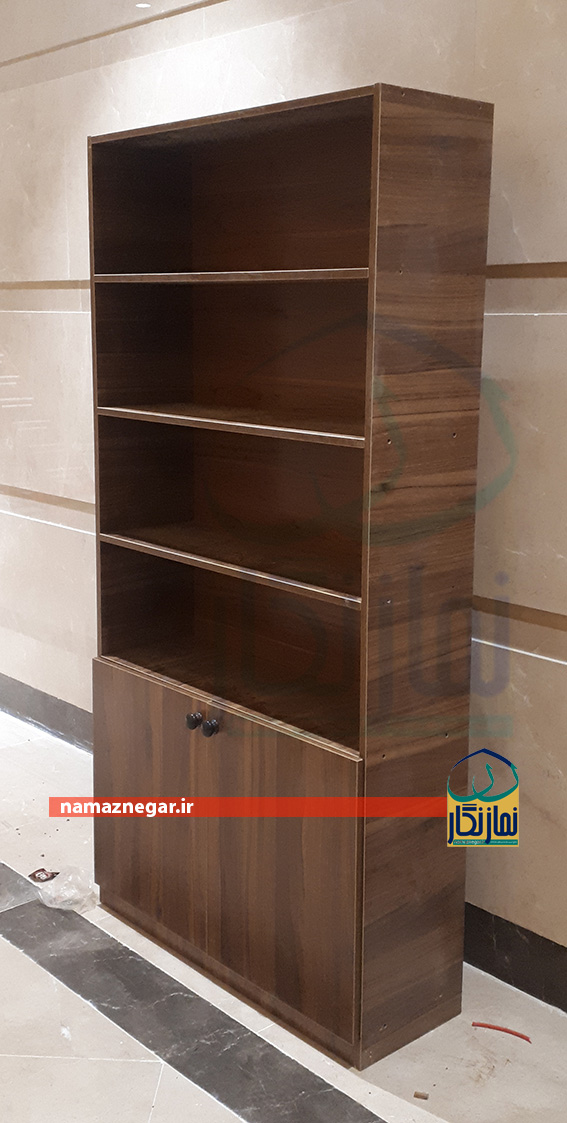  کتابخانه ام دی اف- رنگ گردویی- ابعاد 90*180*30کمد دار
